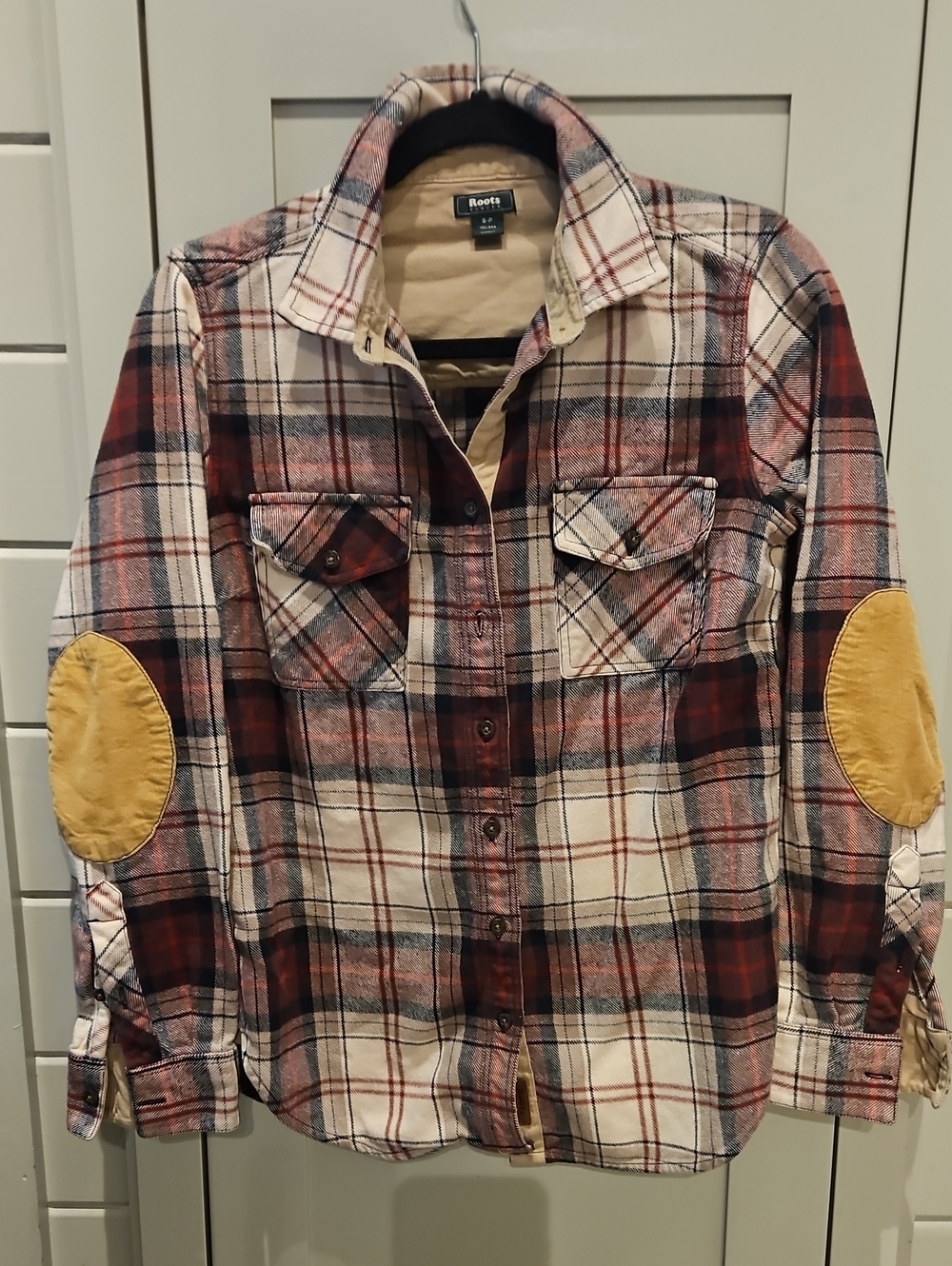 Roots Red/Cream Plaid Button-Down flannel Shirt Tan Elbow Patches Sz Sm. Ptp19.5